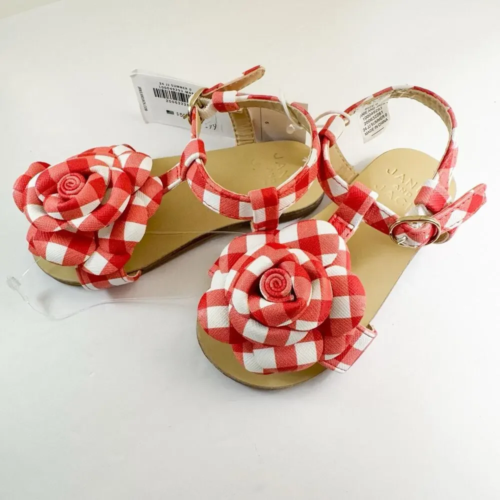 Janie & Jack Red Gingham Flower Sandals, 6T Toddler Girls NWT!
